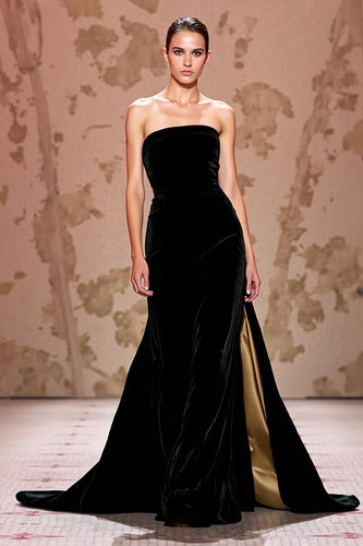 Simple Velvet Black Long Strapless Formal Dress with Slit