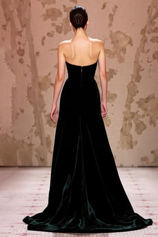 Simple Velvet Black Long Strapless Formal Dress with Slit