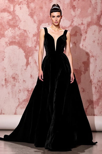 Simple Black Velvet A Line Long Formal Dress