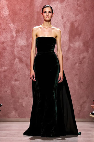 Simple Dark Green Velvet Strapless Long Formal Dress