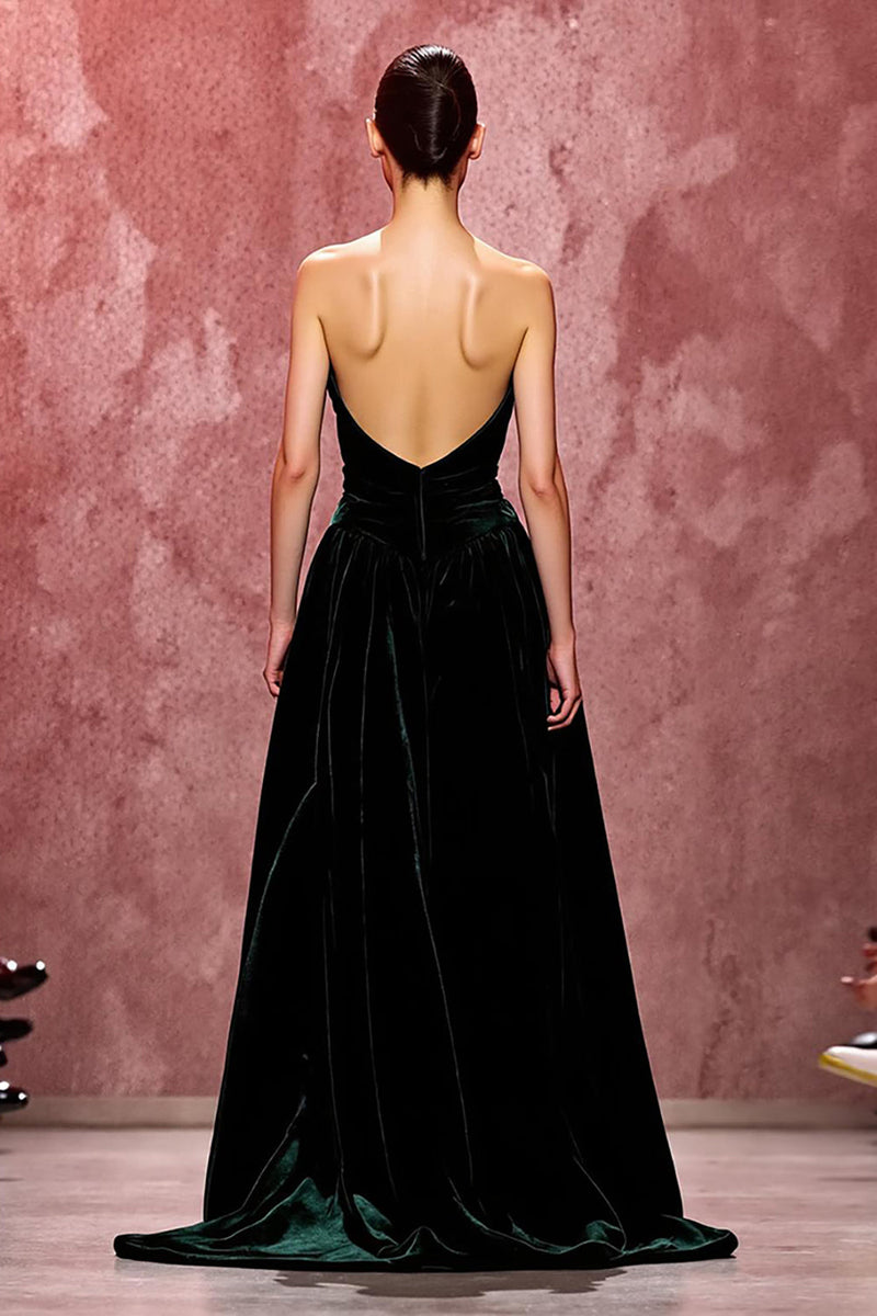 Load image into Gallery viewer, Simple Dark Green Velvet Strapless Long Formal Dress