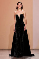 Load image into Gallery viewer, Simple Black Long Velvet Strapless Formal Dress