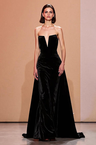 Simple Black Long Velvet Strapless Formal Dress
