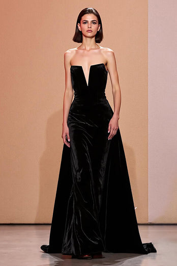 Simple Black Long Velvet Strapless Formal Dress