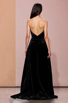 Simple Black Long Velvet Strapless Formal Dress