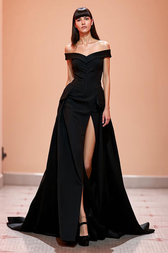 Black Off the Shoulder Corset Long Formal Dress with Slit