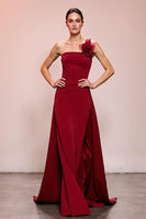 Load image into Gallery viewer, Red Floral Satin Sheath Ruched Strapless Long Formal Dress