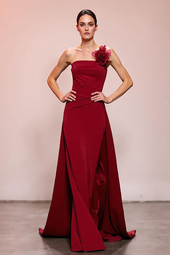 Red Floral Satin Sheath Ruched Strapless Long Formal Dress