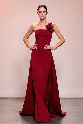 Red Floral Satin Sheath Ruched Strapless Long Formal Dress