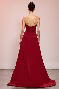 Red Floral Satin Sheath Ruched Strapless Long Formal Dress