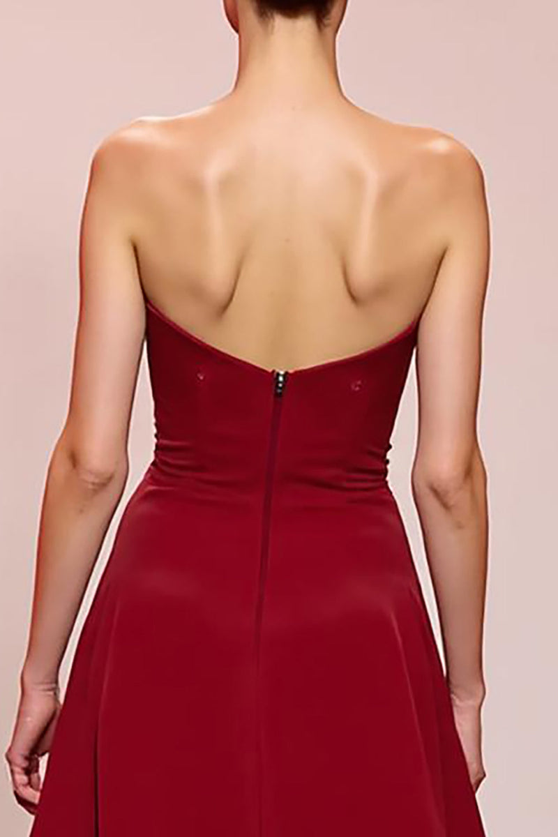 Load image into Gallery viewer, Red Floral Satin Sheath Ruched Strapless Long Formal Dress