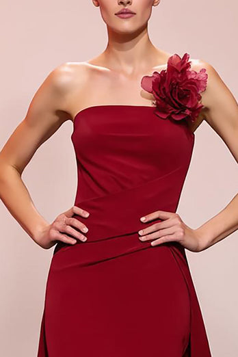 Red Floral Satin Sheath Ruched Strapless Long Formal Dress