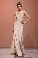 Load image into Gallery viewer, Sparkly Champagne Deep V-Neck Sheath Ruched Long Formal Dress