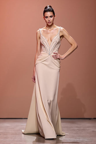 Sparkly Champagne Deep V-Neck Sheath Ruched Long Formal Dress