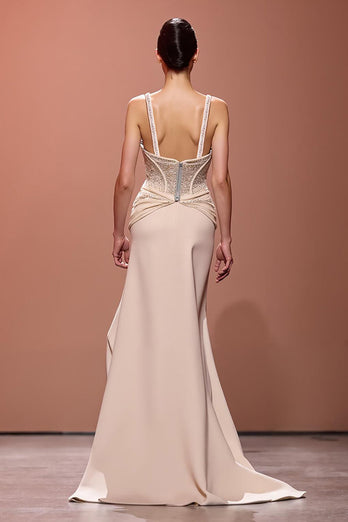 Sparkly Champagne Deep V-Neck Sheath Ruched Long Formal Dress