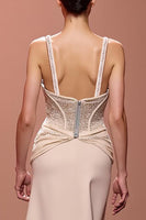 Load image into Gallery viewer, Sparkly Champagne Deep V-Neck Sheath Ruched Long Formal Dress