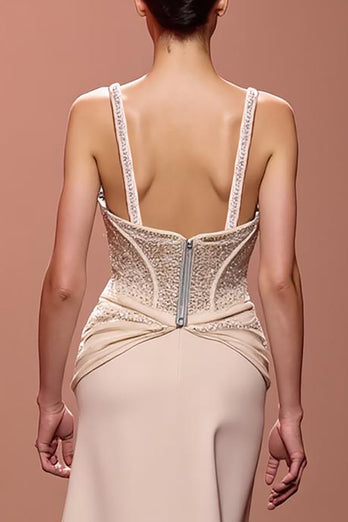 Sparkly Champagne Deep V-Neck Sheath Ruched Long Formal Dress