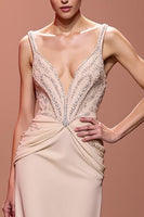 Load image into Gallery viewer, Sparkly Champagne Deep V-Neck Sheath Ruched Long Formal Dress