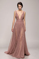Load image into Gallery viewer, Sparkly Pink Ruched Deep V-Neck Long Formal Dress