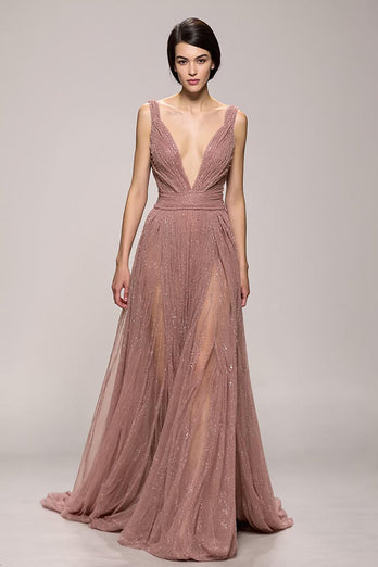 Sparkly Pink Ruched Deep V-Neck Long Formal Dress
