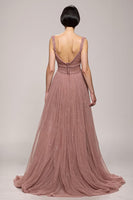 Load image into Gallery viewer, Sparkly Pink Ruched Deep V-Neck Long Formal Dress
