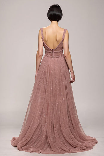 Sparkly Pink Ruched Deep V-Neck Long Formal Dress