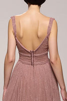 Load image into Gallery viewer, Sparkly Pink Ruched Deep V-Neck Long Formal Dress