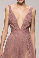 Load image into Gallery viewer, Sparkly Pink Ruched Deep V-Neck Long Formal Dress