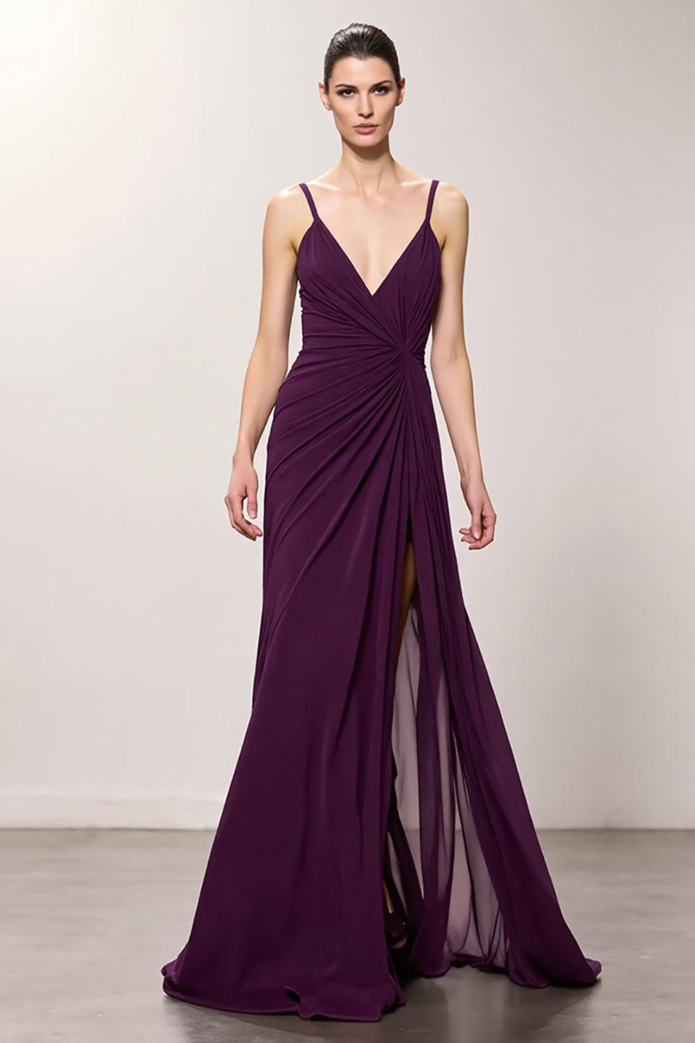 Purple Sheath Chiffon Ruched Long Formal Dress with Slit