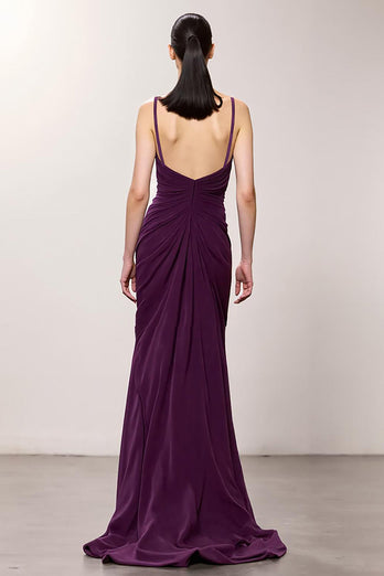 Purple Sheath Chiffon Ruched Long Formal Dress with Slit
