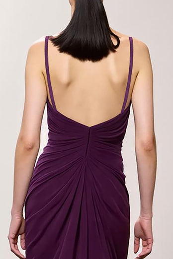 Purple Sheath Chiffon Ruched Long Formal Dress with Slit