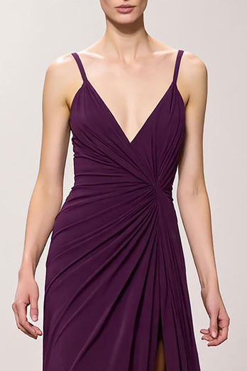 Purple Sheath Chiffon Ruched Long Formal Dress with Slit
