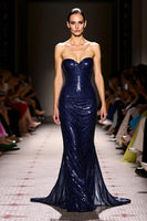 Load image into Gallery viewer, Sparkly Navy Sweetheart Sequin Mermaid Long Formal Dress