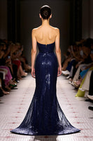 Load image into Gallery viewer, Sparkly Navy Sweetheart Sequin Mermaid Long Formal Dress