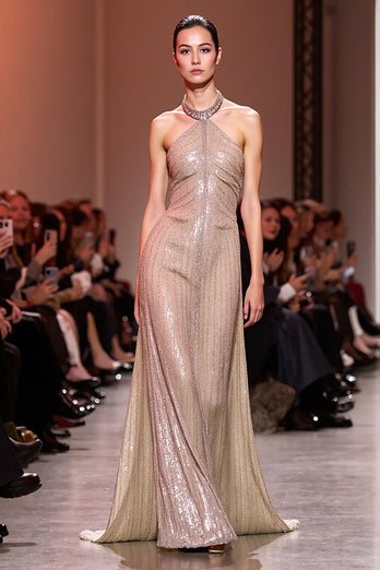 Sparkly Champagne Halter Sequin Backless Long Formal Dress