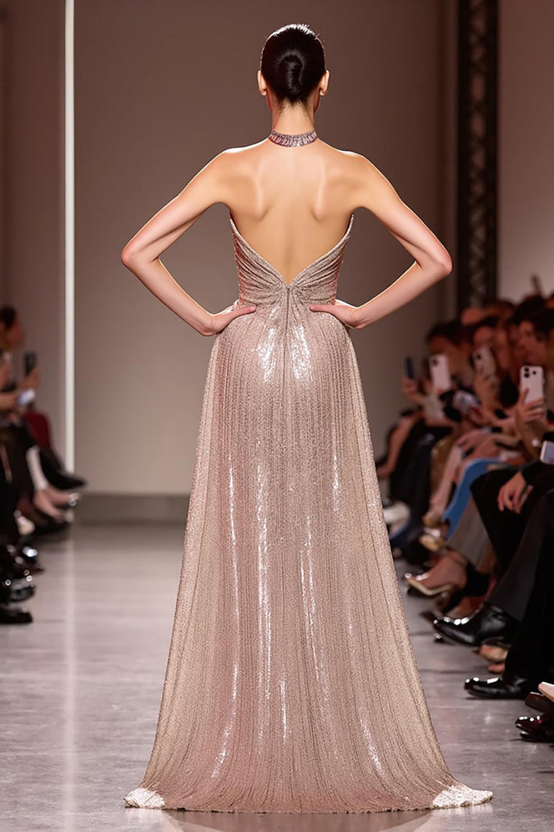 Load image into Gallery viewer, Sparkly Champagne Halter Sequin Backless Long Formal Dress