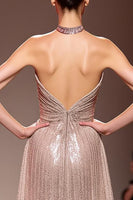 Load image into Gallery viewer, Sparkly Champagne Halter Sequin Backless Long Formal Dress