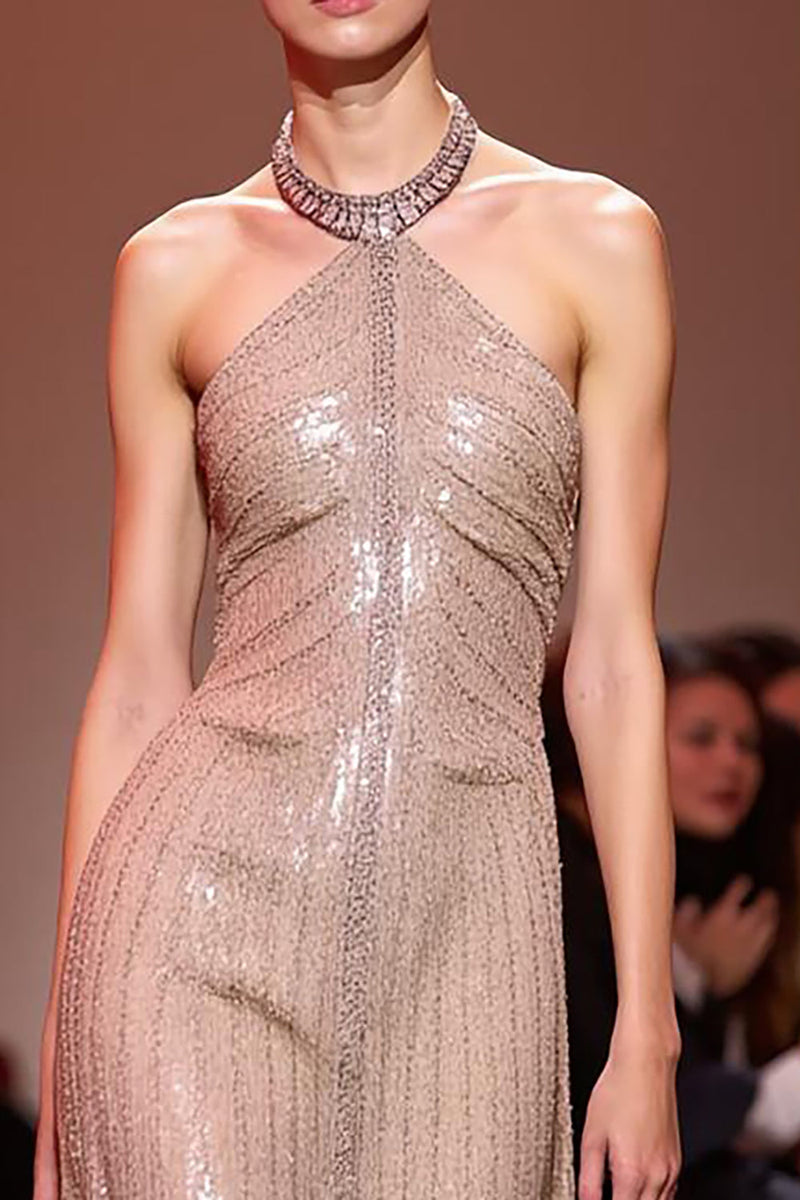 Load image into Gallery viewer, Sparkly Champagne Halter Sequin Backless Long Formal Dress