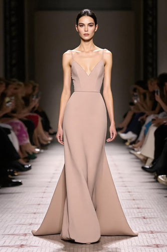 Simple Champagne Satin Backless Mermaid Long Formal Dress