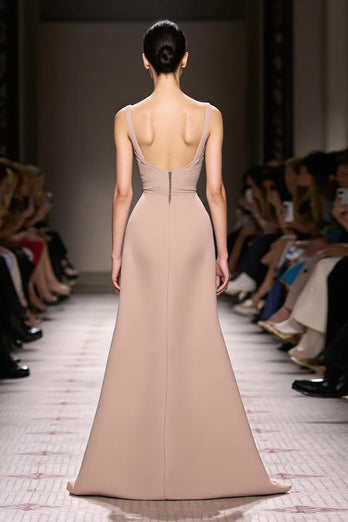 Simple Champagne Satin Backless Mermaid Long Formal Dress