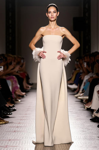 Simple Ivory Sheath Strapless Satin Backless Long Formal Dress