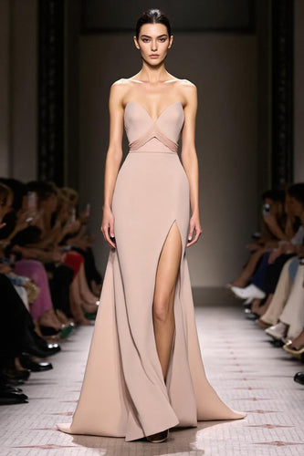 Simple Champagne Sheath Satin Strapless Long Formal Dress with Slit