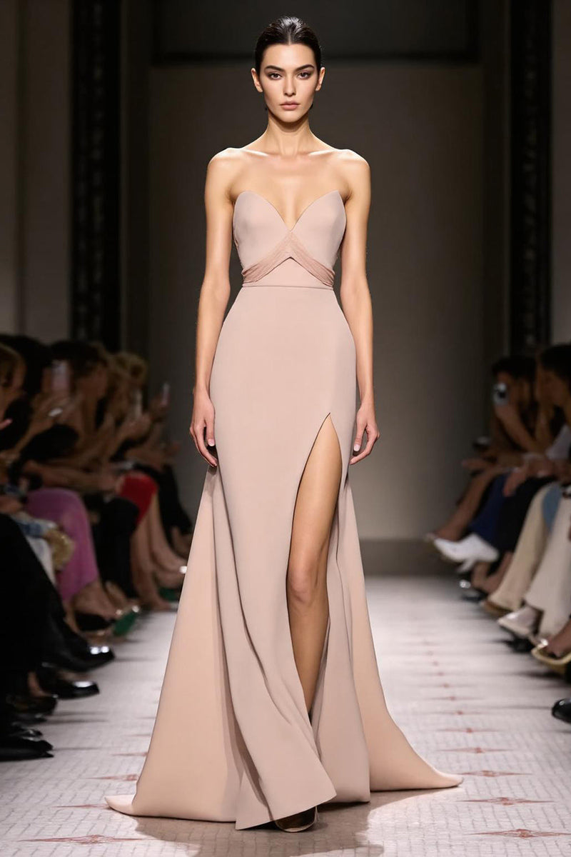 Load image into Gallery viewer, Simple Champagne Sheath Satin Strapless Long Formal Dress with Slit