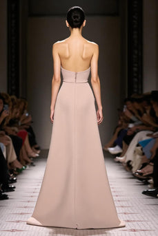 Simple Champagne Sheath Satin Strapless Long Formal Dress with Slit