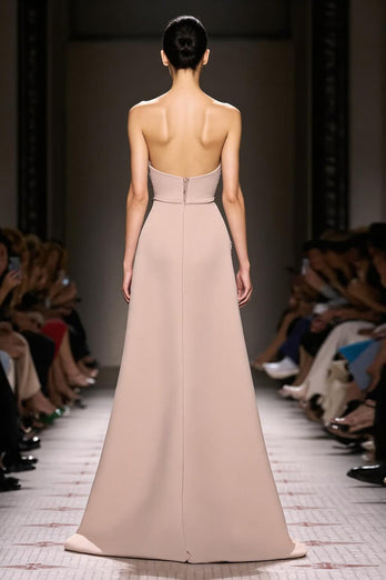 Simple Champagne Sheath Satin Strapless Long Formal Dress with Slit
