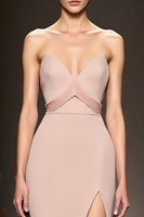 Load image into Gallery viewer, Simple Champagne Sheath Satin Strapless Long Formal Dress with Slit