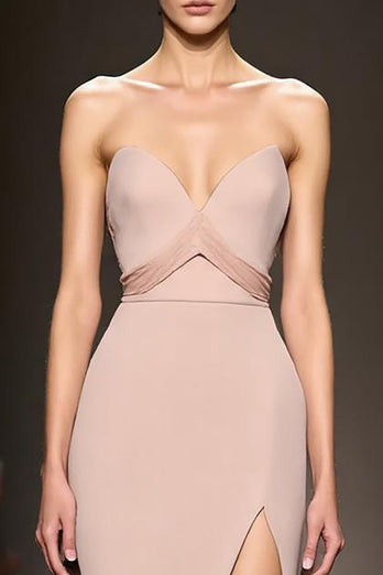 Simple Champagne Sheath Satin Strapless Long Formal Dress with Slit