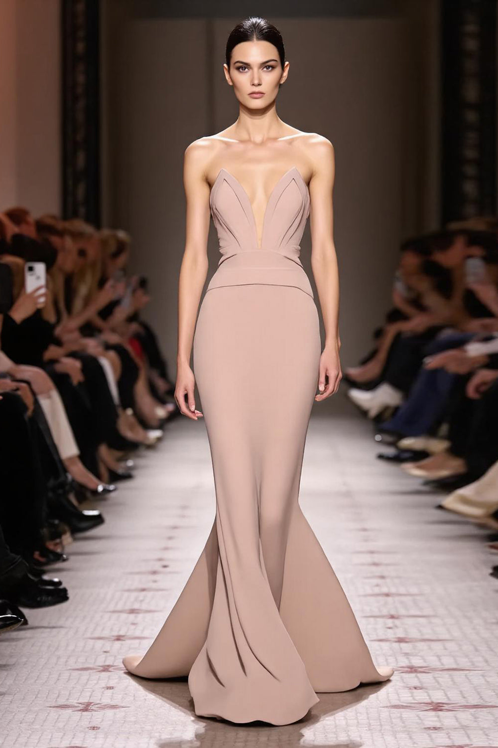 Simple Champagne Backless Mermaid Strapless Long Formal Dress