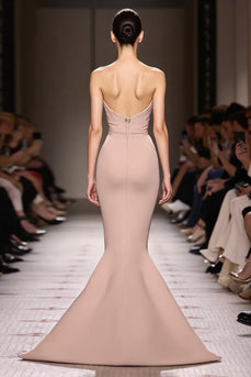 Simple Champagne Backless Mermaid Strapless Long Formal Dress