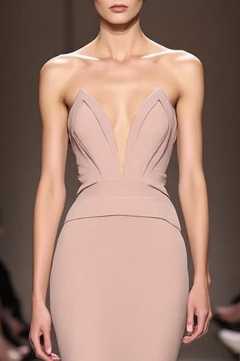 Simple Champagne Backless Mermaid Strapless Long Formal Dress